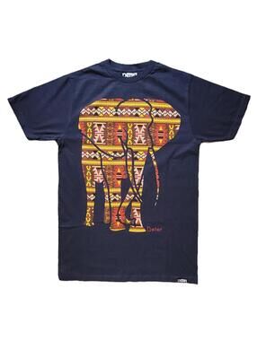 Deter Clothing Men's Medium T-Shirt Elephant Graphic Tribal Print Navy - NEW